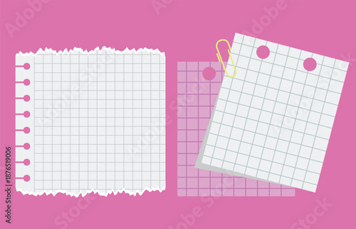 Blank grid paper sheets with a paperclip on a vibrant pink background, featuring torn edges and punched holes for notes, memos, or design elements