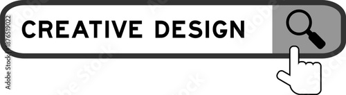 Search banner in word creative design with hand over magnifier icon on white background