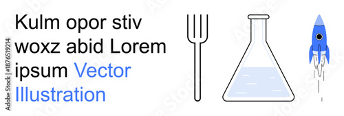 Science, technology, food experimentation, innovation, research, exploration. A fork, a laboratory flask and a rocket displayed on a clean background. Science and technology concept