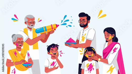A heartwarming flat design illustration showcasing an Indian family from multiple generations celebrating Holi with vibrant colors and water. 