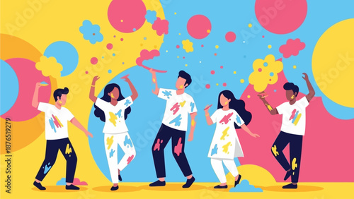 A lively flat design illustration of people joyfully dancing amidst a colorful shower of powder during the Holi festival. 