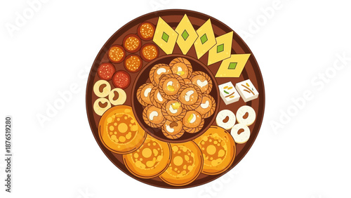 A delightful flat design illustration showcasing a traditional Indian thali laden with colorful sweets and snacks enjoyed during Holi. 