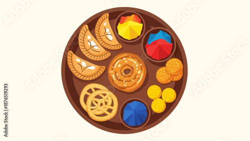 A delightful flat design illustration showcasing a traditional Indian thali laden with colorful sweets and snacks enjoyed during Holi. 