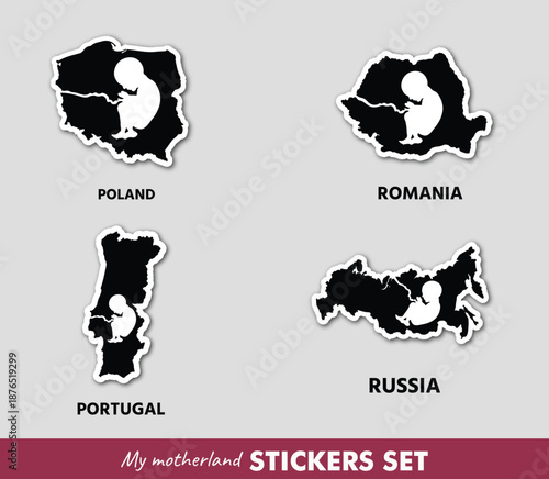 Minimal sticker set with European country maps featuring an embryo inside. A powerful symbol of birth, roots, and homeland identity.