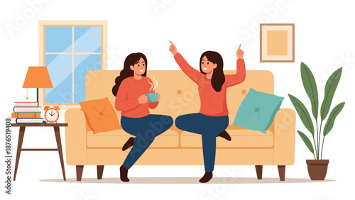 Two cheerful women sitting on a beige sofa in a cozy living room having an expressive conversation while one holds a cup of hot beverage.