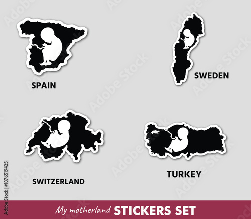 Minimal sticker set with European country maps featuring an embryo inside. A powerful symbol of birth, roots, and homeland identity.