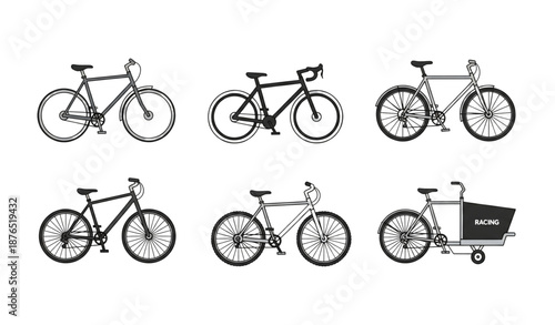 Different bicycle types flat vector transport icon set isolated on transparent background