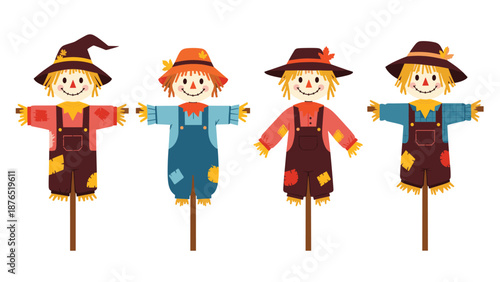 Set of four different cute scarecrow characters wearing various hats and colorful patched clothing for autumn harvest and garden themes.