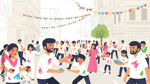 A lively flat design illustration depicting a bustling Indian street scene during Holi, with people immersed in colorful celebration. 