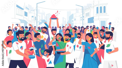 A lively flat design illustration depicting a bustling Indian street scene during Holi, with people immersed in colorful celebration. 