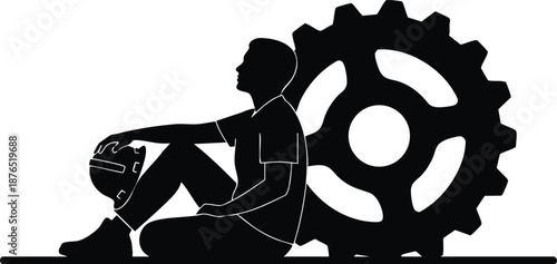 Black silhouette illustration of a young man sitting thoughtfully against a giant cogwheel, holding a cap, symbolizing industry, thought, or mechanical work.