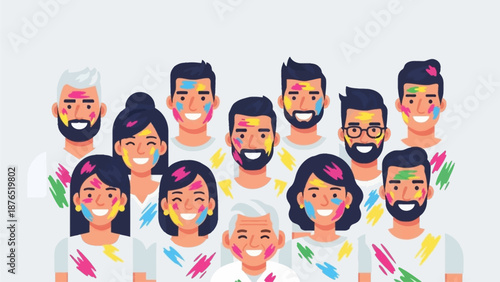 A powerful flat design illustration of a diverse group of people, smiling and covered in Holi colors, symbolizing unity and inclusion. 