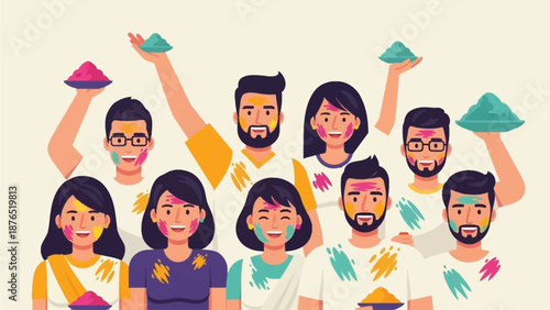 A powerful flat design illustration of a diverse group of people, smiling and covered in Holi colors, symbolizing unity and inclusion. 