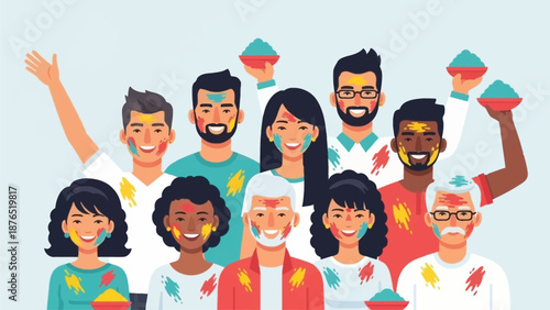 A powerful flat design illustration of a diverse group of people, smiling and covered in Holi colors, symbolizing unity and inclusion. 