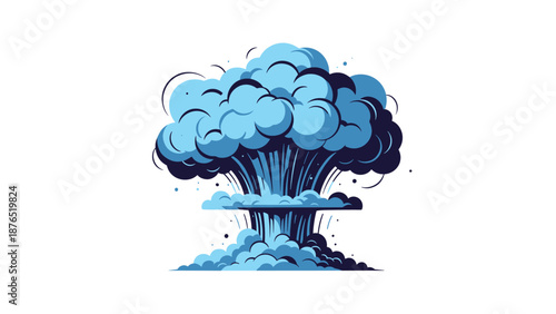 Large mushroom cloud from a powerful explosion depicted in a stylized cartoon vector illustration with shades of blue on a white background.