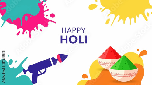 A festive flat design illustration for a 'Happy Holi' greeting banner, featuring abstract color splashes and iconic festival elements. 