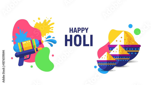 A festive flat design illustration for a 'Happy Holi' greeting banner, featuring abstract color splashes and iconic festival elements. 