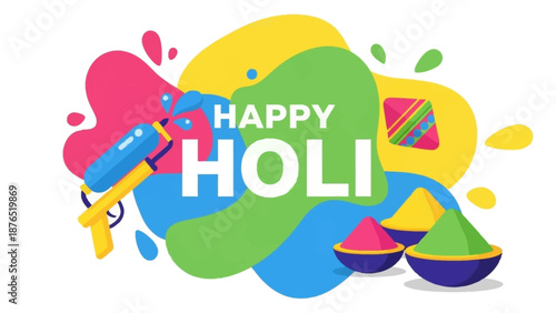 A festive flat design illustration for a 'Happy Holi' greeting banner, featuring abstract color splashes and iconic festival elements. 