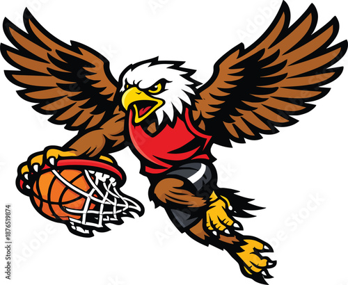Flying Eagle Basketball Mascot Dunking Ball, Dynamic Sports Team Logo Illustration