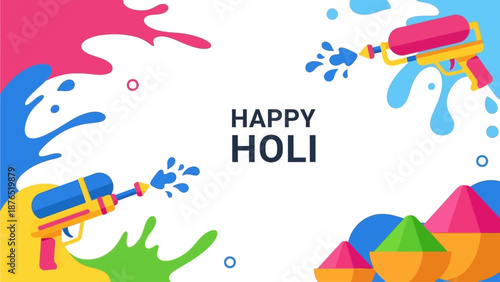 A festive flat design illustration for a 'Happy Holi' greeting banner, featuring abstract color splashes and iconic festival elements. 