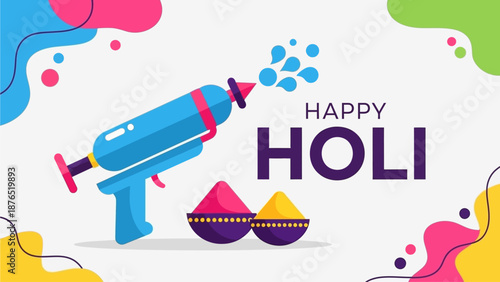 A festive flat design illustration for a 'Happy Holi' greeting banner, featuring abstract color splashes and iconic festival elements. 