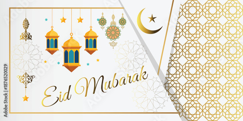  Eid mubarak glowing crescent moon with hanging lantern and Eid mubarak text.