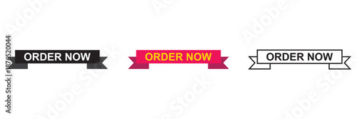 Order now promotional badge icons . Order now badges and labels for online shopping, promotions, and marketing campaigns, isolated on white background for ecommerce use.

