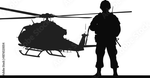 Silhouette of a soldier standing next to a military helicopter against a white background.