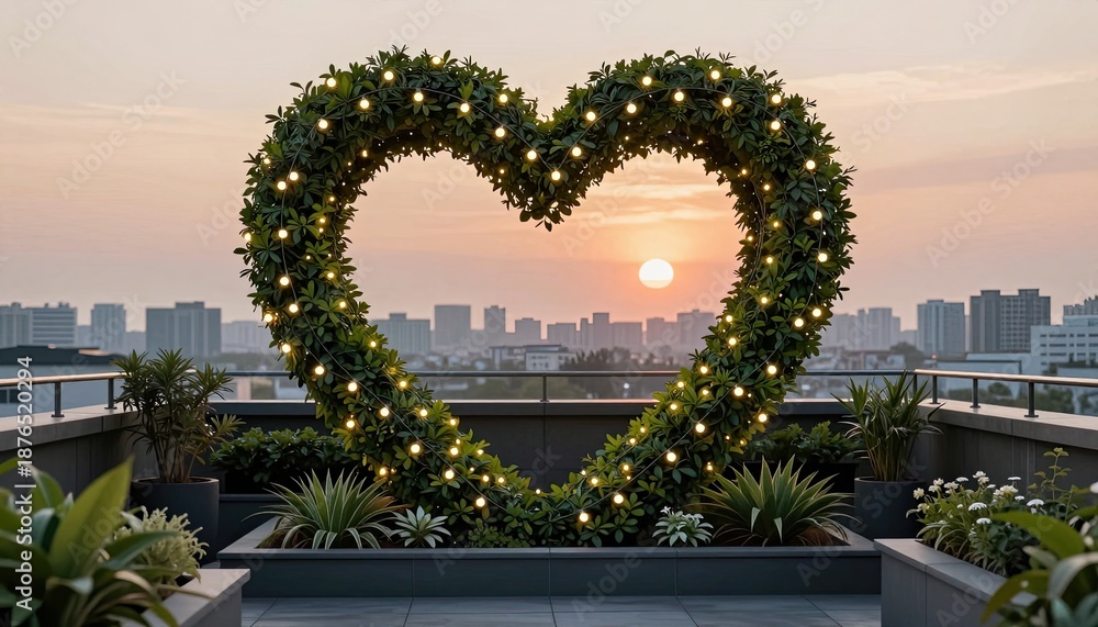 Obraz premium Romantic Rooftop Heart Decoration with Cityscape Sunset View.