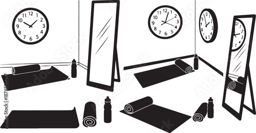 Yoga room with clocks and mirrors for mindfulness practice