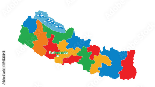nepal map with colorful regions and Kathmandu