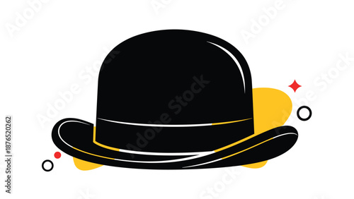 Classic black bowler hat with a ribbon band shown as a central icon with decorative abstract yellow and red shapes in the background.
