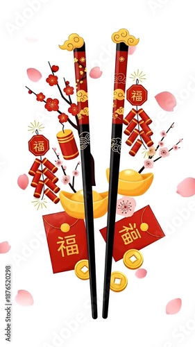 Chinese New Year Chopsticks Red Envelopes Gold Ingots Firecrackers Blossom Branches