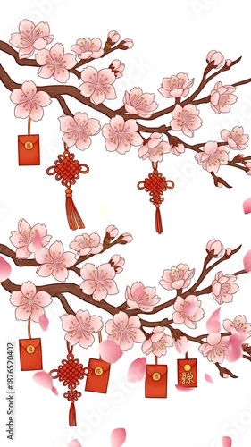 Chinese New Year Cherry Blossoms With Red Envelopes And Knots