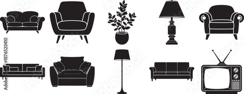 A diverse collection of living room furniture and home decor item silhouettes Vector