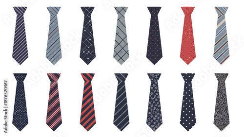 Selection of fourteen men's neckties featuring various patterns like stripes, polka dots, and textures in a diverse color palette for formal fashion.
