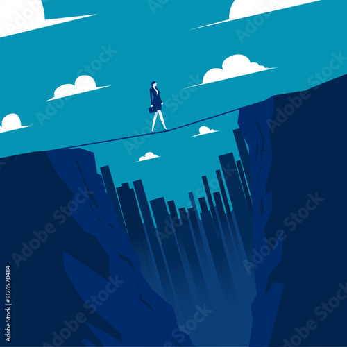 Risk management. A woman is walking on a suspension bridge over a ravine.