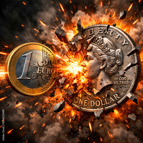 A one euro coin breaks a one dollar coin. Economic crisis, business background