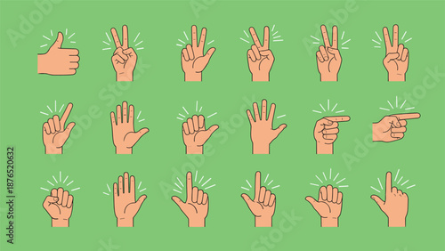 Diverse collection of eighteen hand gesture icons on a light green background showing various signs like thumbs up, peace, counting, and pointing.