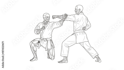 Two martial artists practicing a block and punch technique in a detailed line drawing.