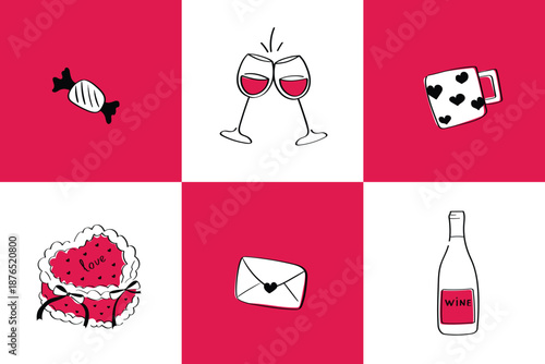 Six hand-drawn doodle icons dedicated to romantic dinners and love messages. The set includes wine glasses, candies, a "Love" cake, an envelope, a wine bottle, and a heart-shaped mug. Perfect for gree