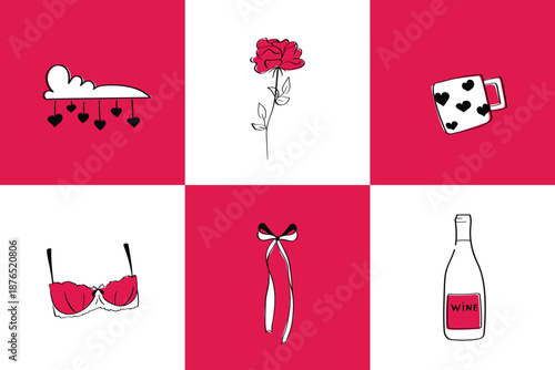 6 sketch style romance illustrations with rose flower, lingerie bra, ribbon bow, wine bottle, love cloud and heart mug. Valentine feminine icon blocks for branding, packaging and printable designs.