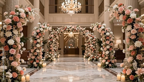 Elegant Wedding Venue with Floral Arches and Grand Chandelier.