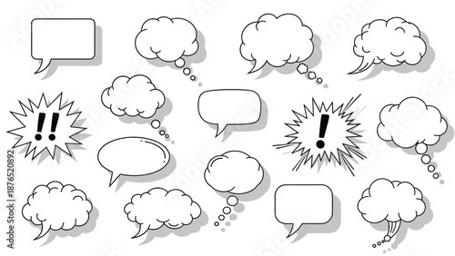 Large collection of various hand drawn speech and thought bubbles in different shapes with exclamation points and dots on a white background.