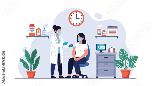 Female doctor wearing a mask and gloves administering a vaccine to a seated patient in a modern medical clinic with various equipment and plants.