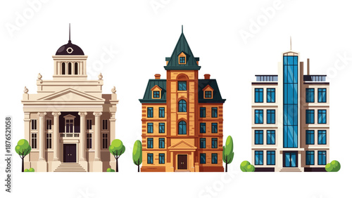 Set of three diverse buildings featuring a traditional columns style structure, a brick apartment building, and a modern glass office skyscraper.