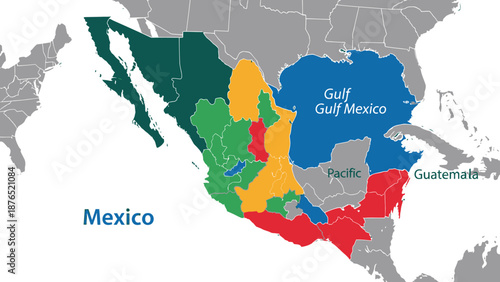 Mexico regions map colored areas