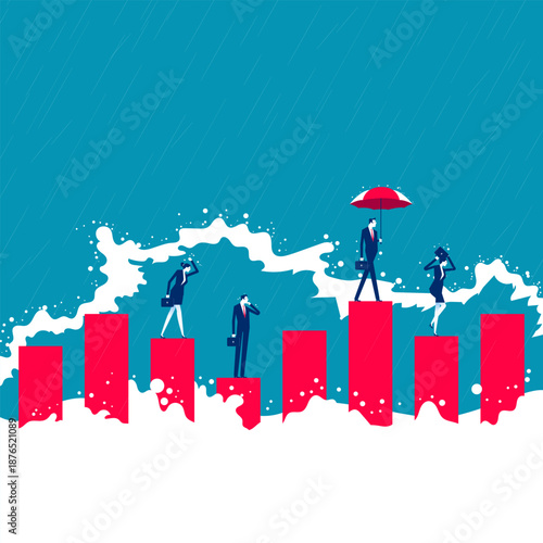 Risk management. A group of people walking on a graph bar that was flooded and hit by heavy rain