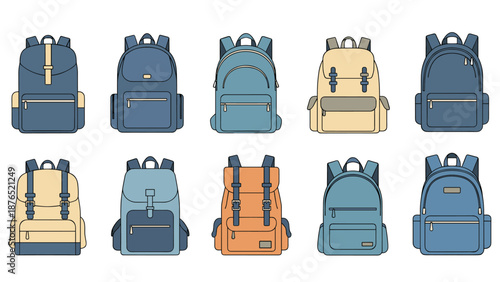 Collection of ten backpacks in different shades of blue, tan, and orange showing various designs, pockets, and styles for outdoor or school use.