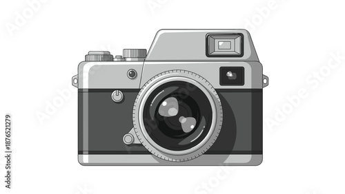 Classic vintage analog film camera illustration with lens and controls shown in a detailed flat graphic style for photography enthusiasts.